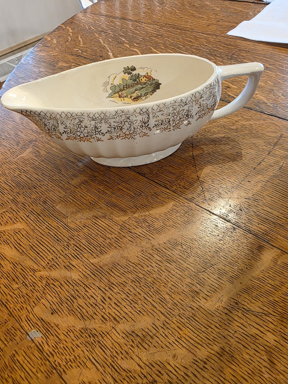 Vintage Ceramic Gravy Boat with Gold Floral Border and Country Scene